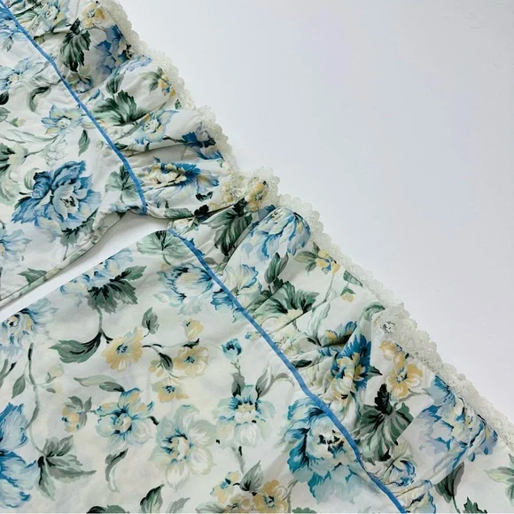 Vintage Blue Floral Cotton Lace Ruffle Trim 2 Standard Pillowcases & Flat Sheet - Picture 5 of 14